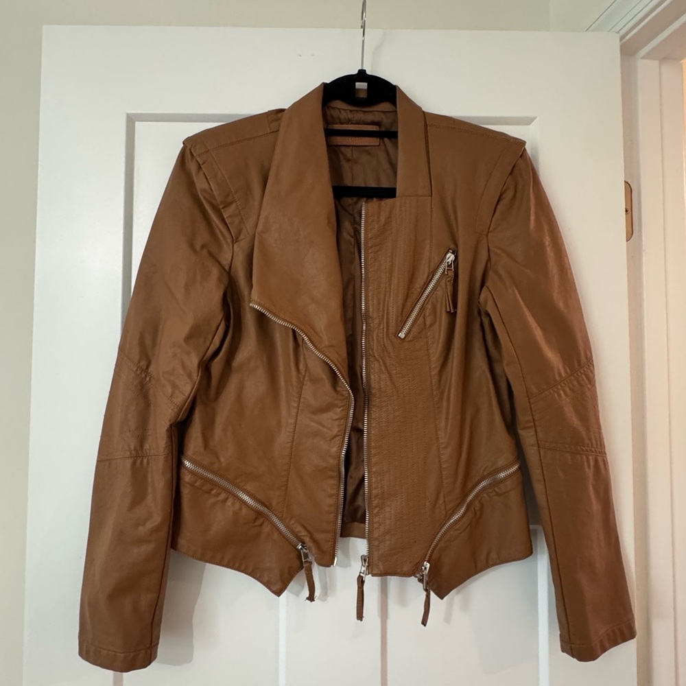 Blank NYC Tan Leather Jacket with Asymmetrical Design and Moto-Style Cut